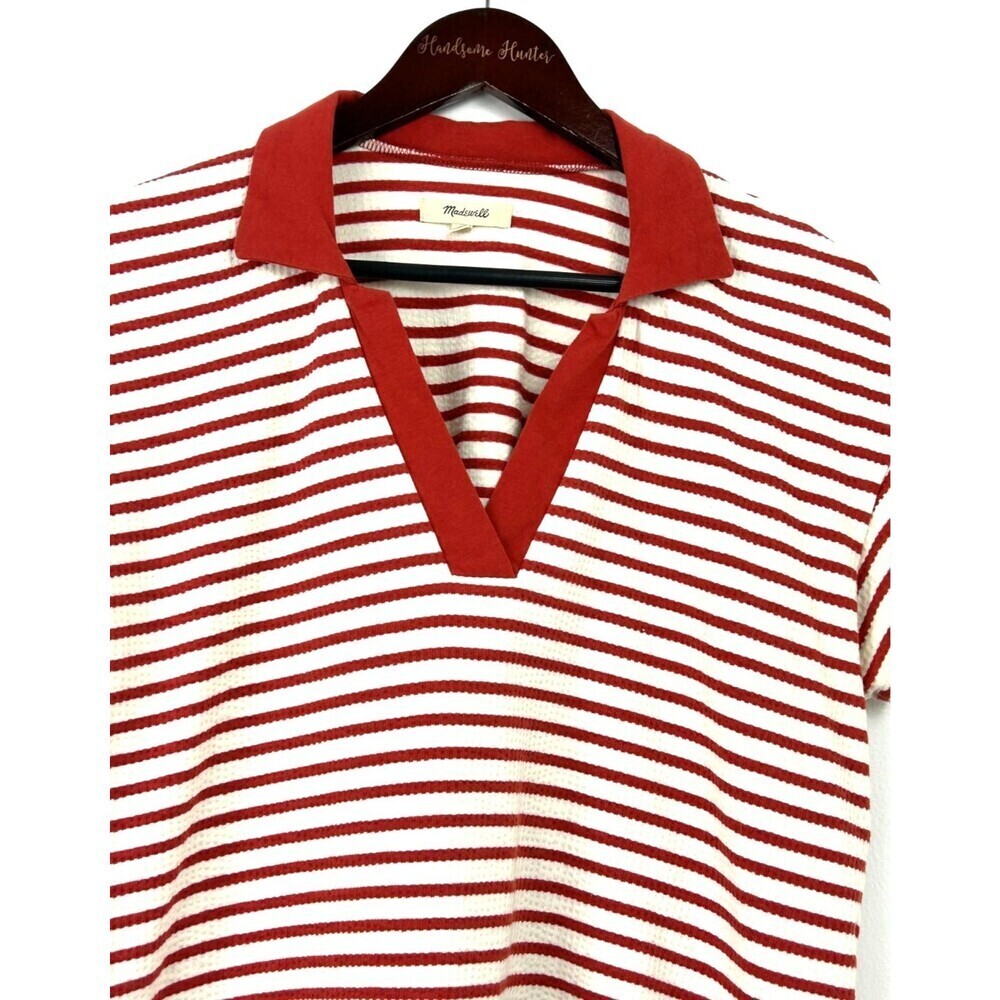 Madewell Women Burnt Red White Striped Texture Rib Cropped Polo Tee Sz S 1254H4 - Picture 8 of 12